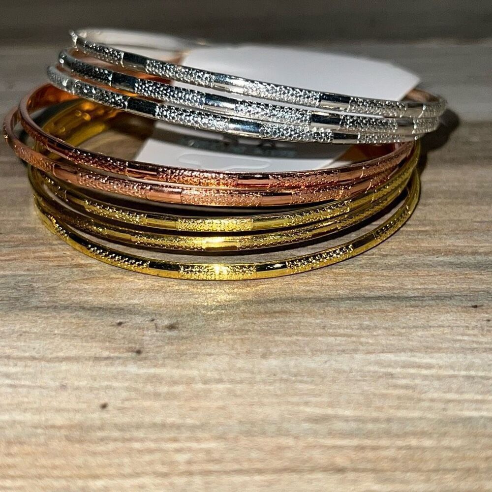 Bangle Stack Set Of 8 Etched Bracelet Gold Silver Rose Gold Tone Sparkle Classic